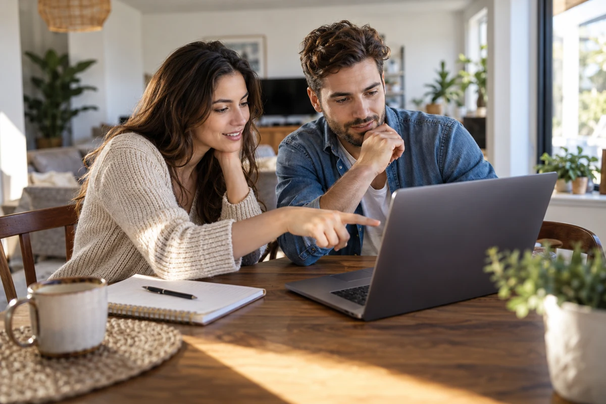 Un couple compare des options sur un ordinateur portable