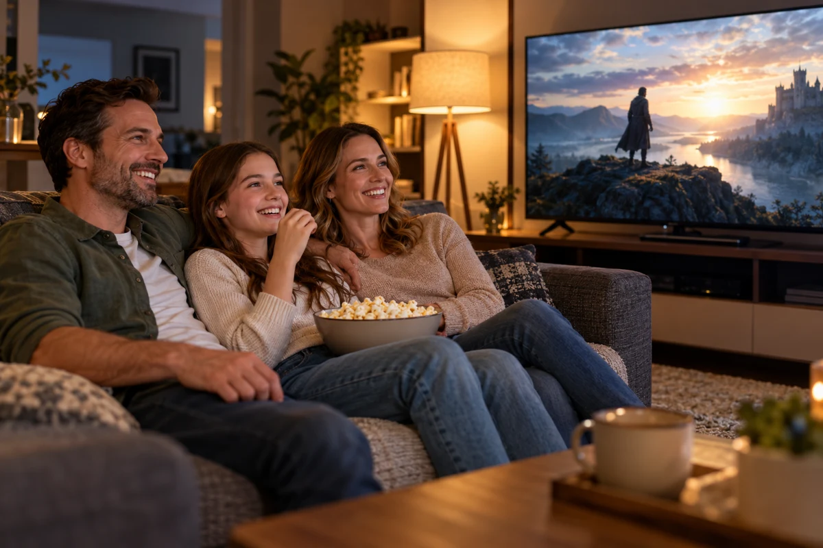 Une famille profite d’une soirée cinéma à la maison