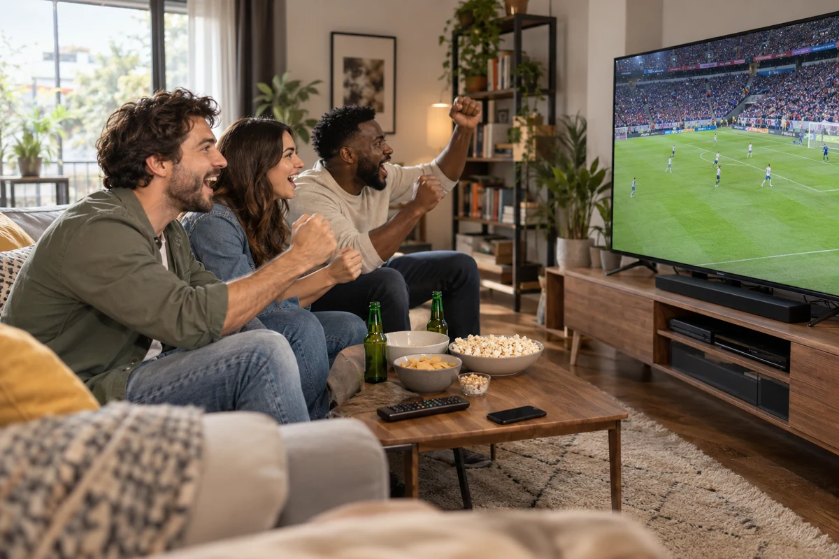 Des amis regardent un match de football dans leur salon