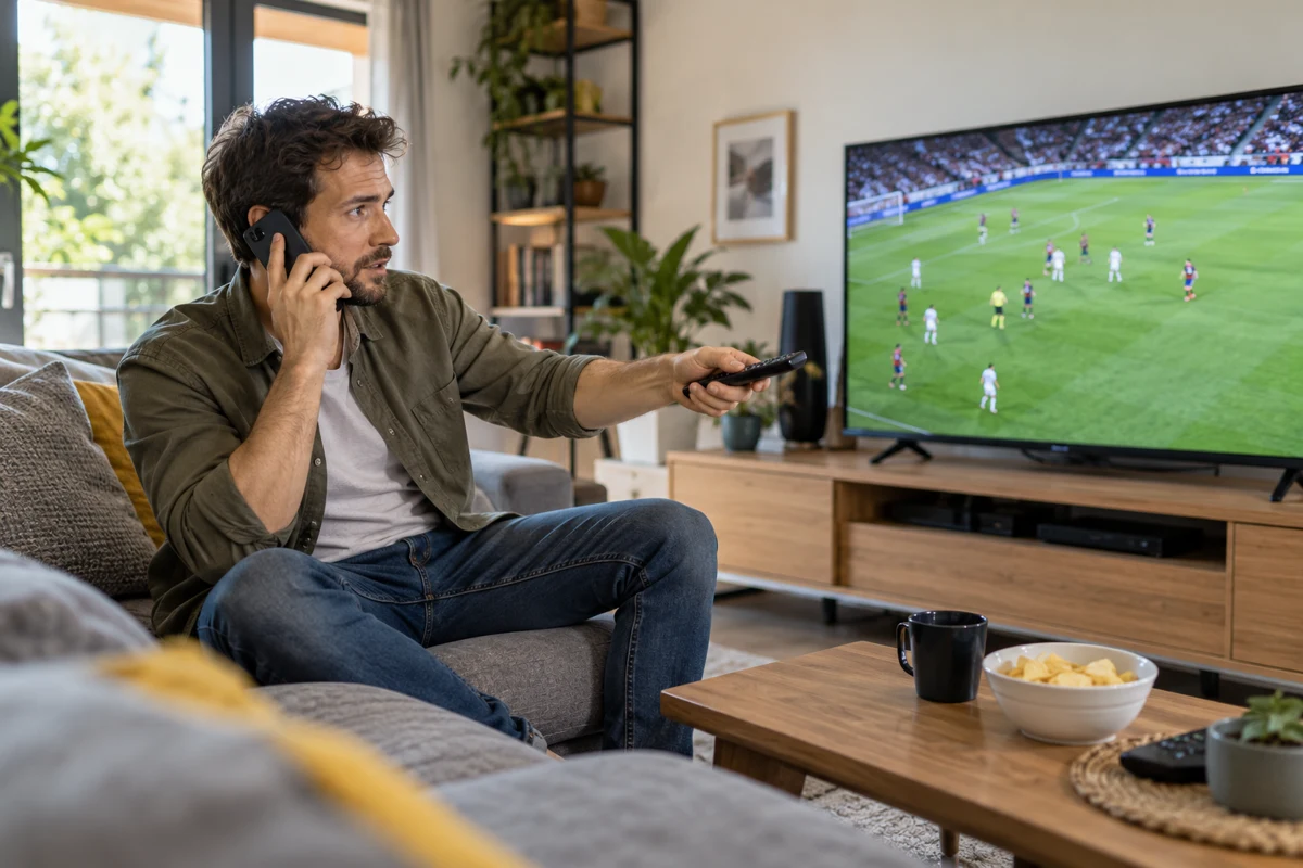 Un spectateur vérifie son téléviseur en discutant au téléphone