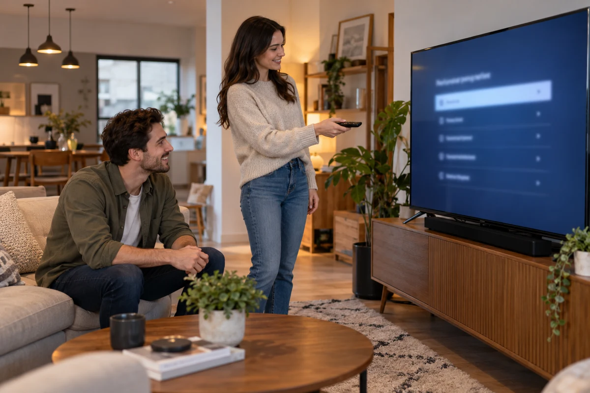 Un couple prépare son téléviseur et sa télécommande