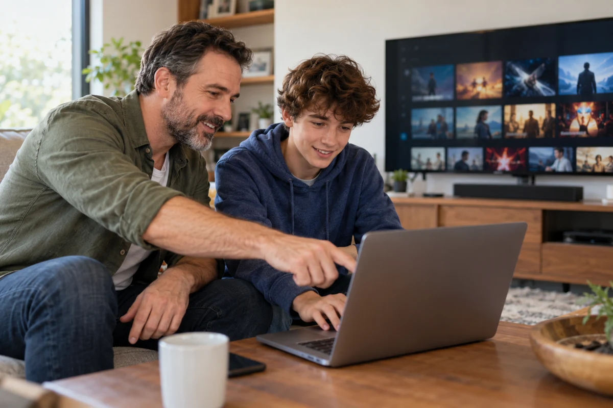 Un père et son fils configurent un lecteur sur un ordinateur