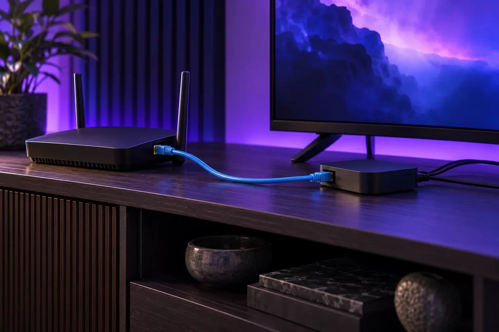 Routeur et box reliés par un câble Ethernet